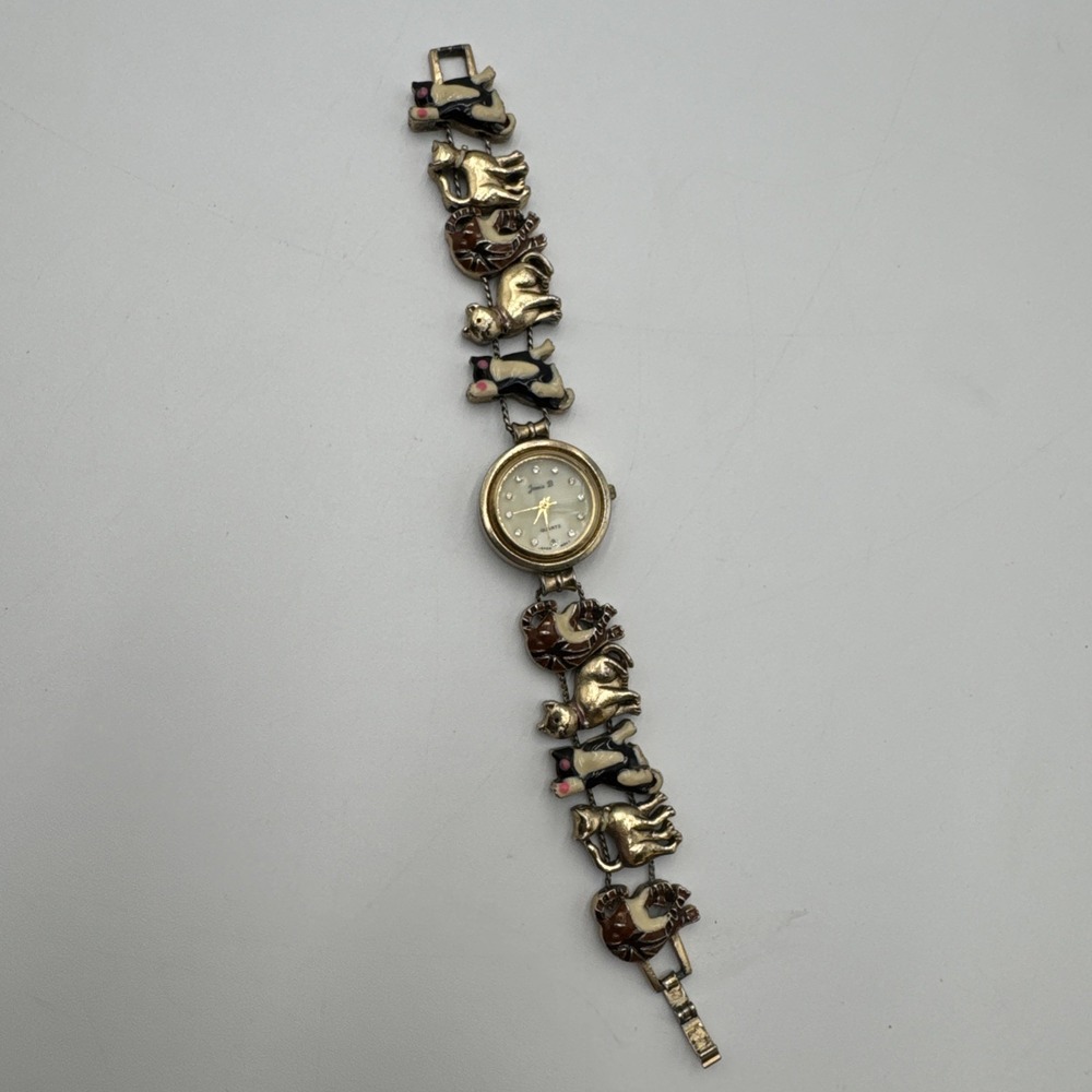 VTG Jennie B Enamel Cats Gold Tone Slide Charm Bracelet Wrist Watch Not Tested
